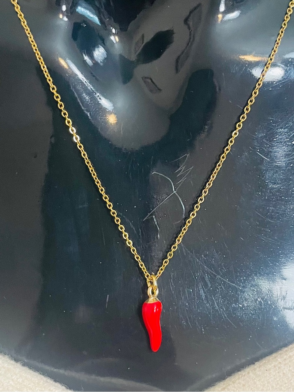Dainty Red Enamel Cornicello Italian Horn Necklace on Gold Filled Chain NWOT